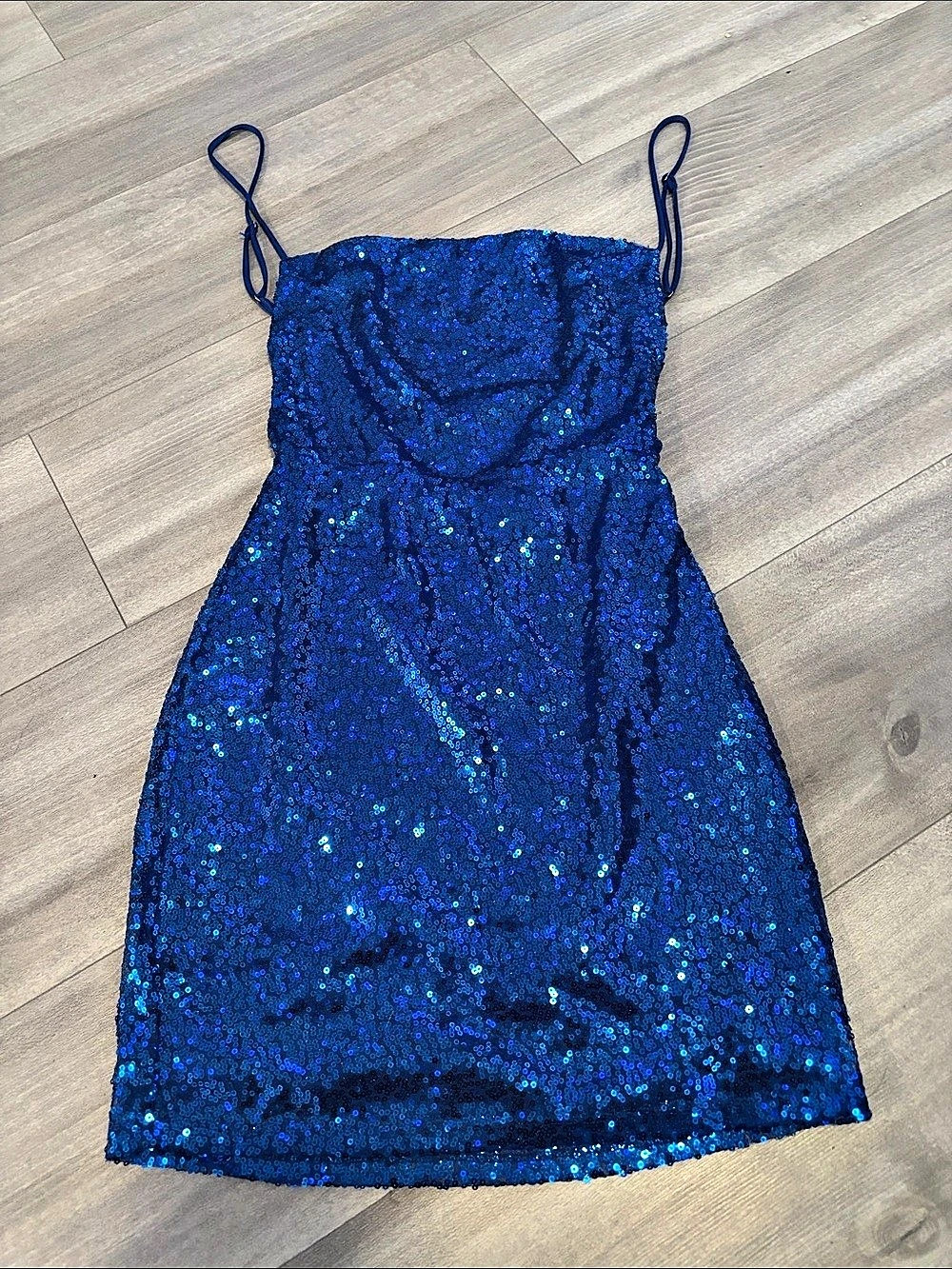 Lucy in the Sky Sequin Plunge Cowl Neck Dress Blue Mini Dress
